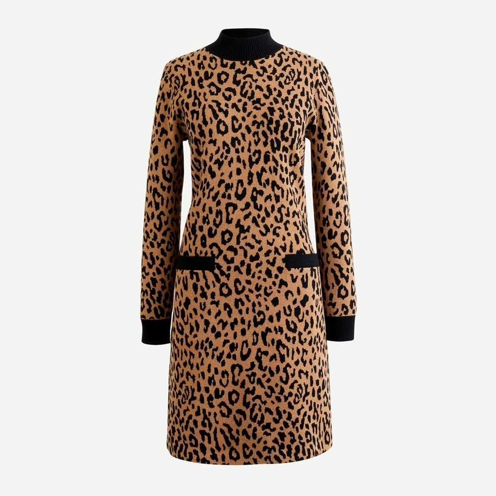 J Crew Leopard Print Mock Neck Sweater Dress Long Sleeve Animal Print Warmβ